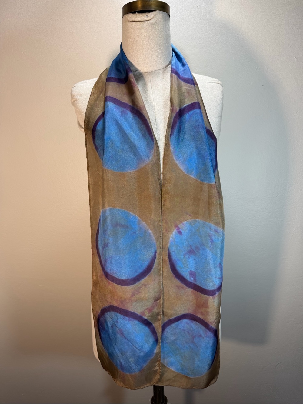 Elegant Blue & Taupe Women's Silk Scarf 8” x 70” - Picture 2 of 3